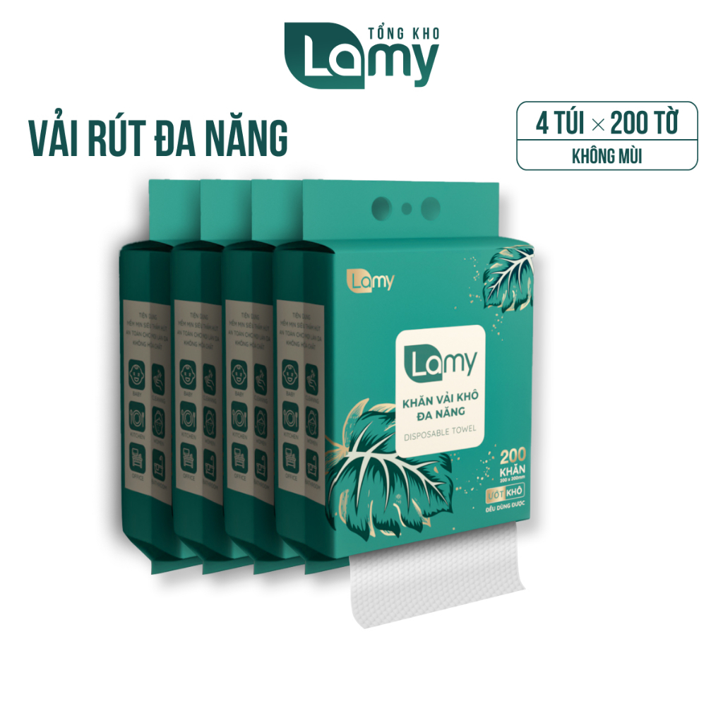 (TẶNG MÓC TREO) Thùng 04 túi khăn lau vải khô đa năng dạng rút đáy treo tường Lamy 200 tờ