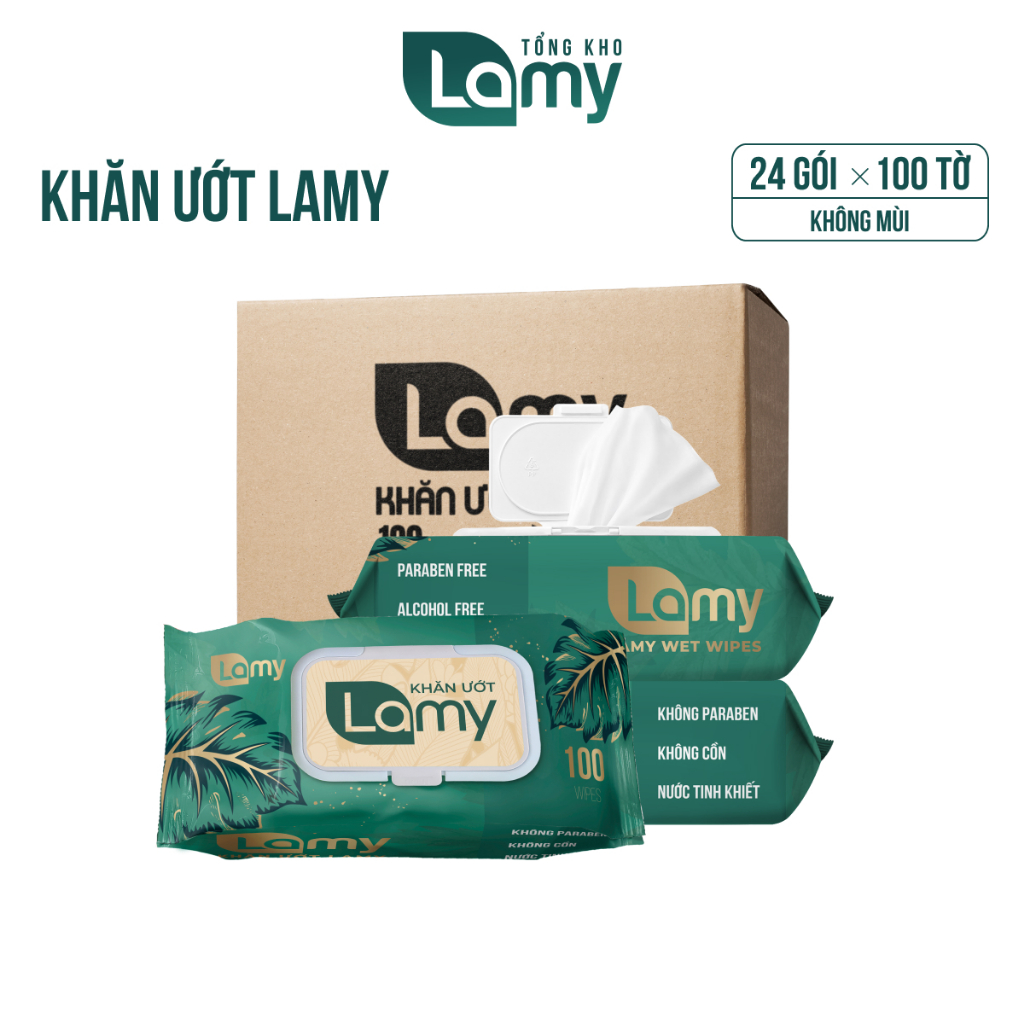 Thùng 24 gói khăn giấy ướt Lamy không mùi cao cấp gói 100 tờ
