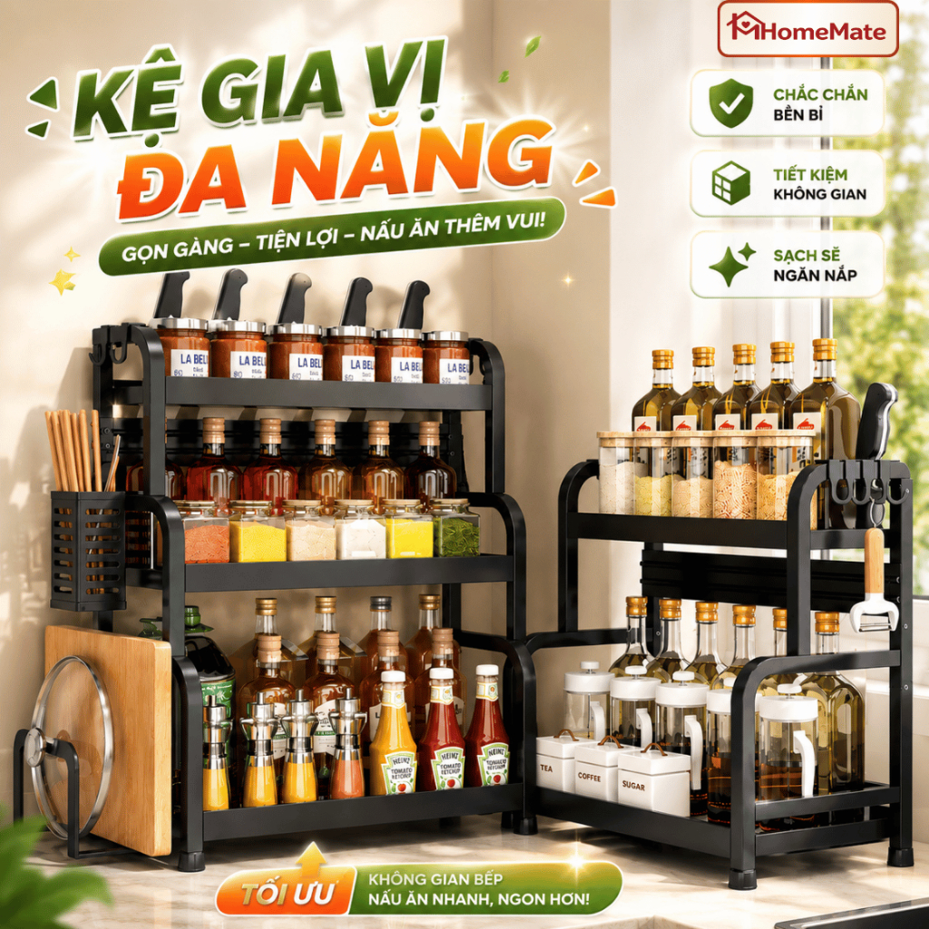 Kệ Để Gia Vị Nhà Bếp 2 Tầng 3 Tầng Thép Sơn Tĩnh Điện, Kệ Đựng Dao Thớt Chai Lọ Dầu Ăn Đa Năng