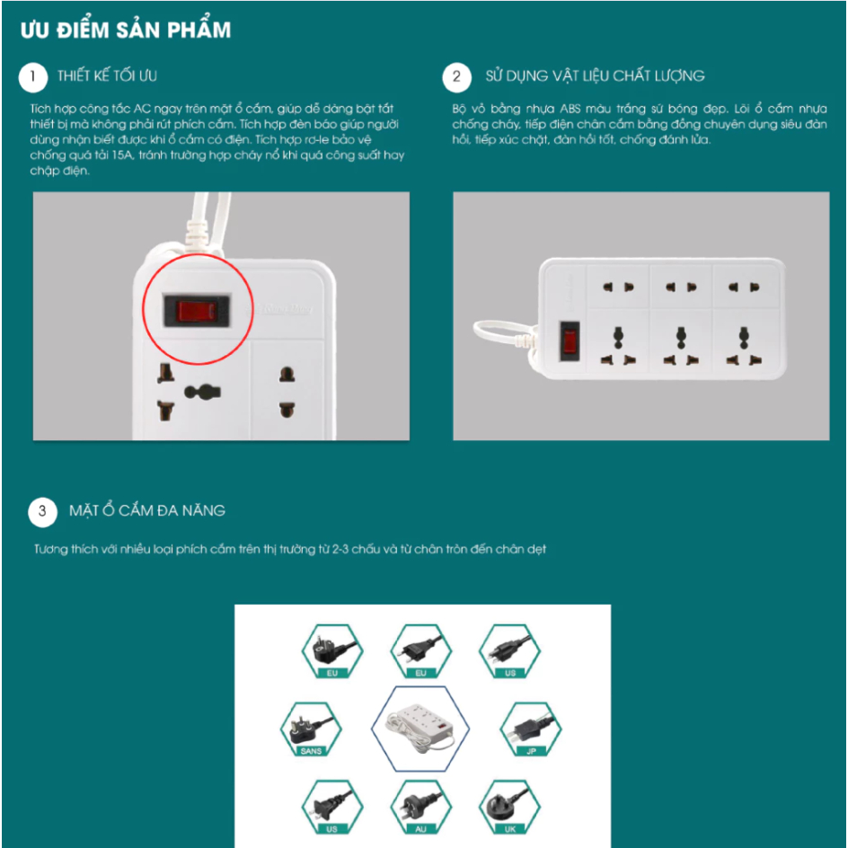 Ổ Nối 6 Cổng Rạng Đông OC06 (Dây 2m/5m)- Rơle Thông Minh Tự Động Ngắt Khi Quá Tải, Thiết Kế Hiện Đại