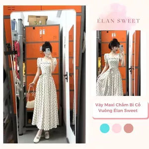 Váy Maxi Chấm Bi Cổ Vuông Élan Sweet, Đầm Dáng Dài Thắt Nơ Eo Tiểu Thư Thanh Lịch Đi Cafe Chụp Ảnh
