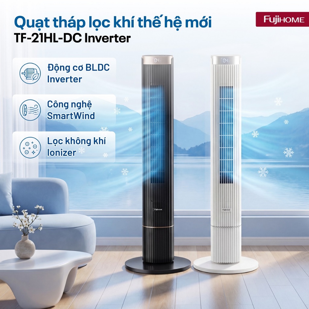 Quạt tháp Inverter làm mát nhanh TF-21HL.DC Nhập Khẩu FUJIHOME, quạt điện cây lọc không khí sạch
