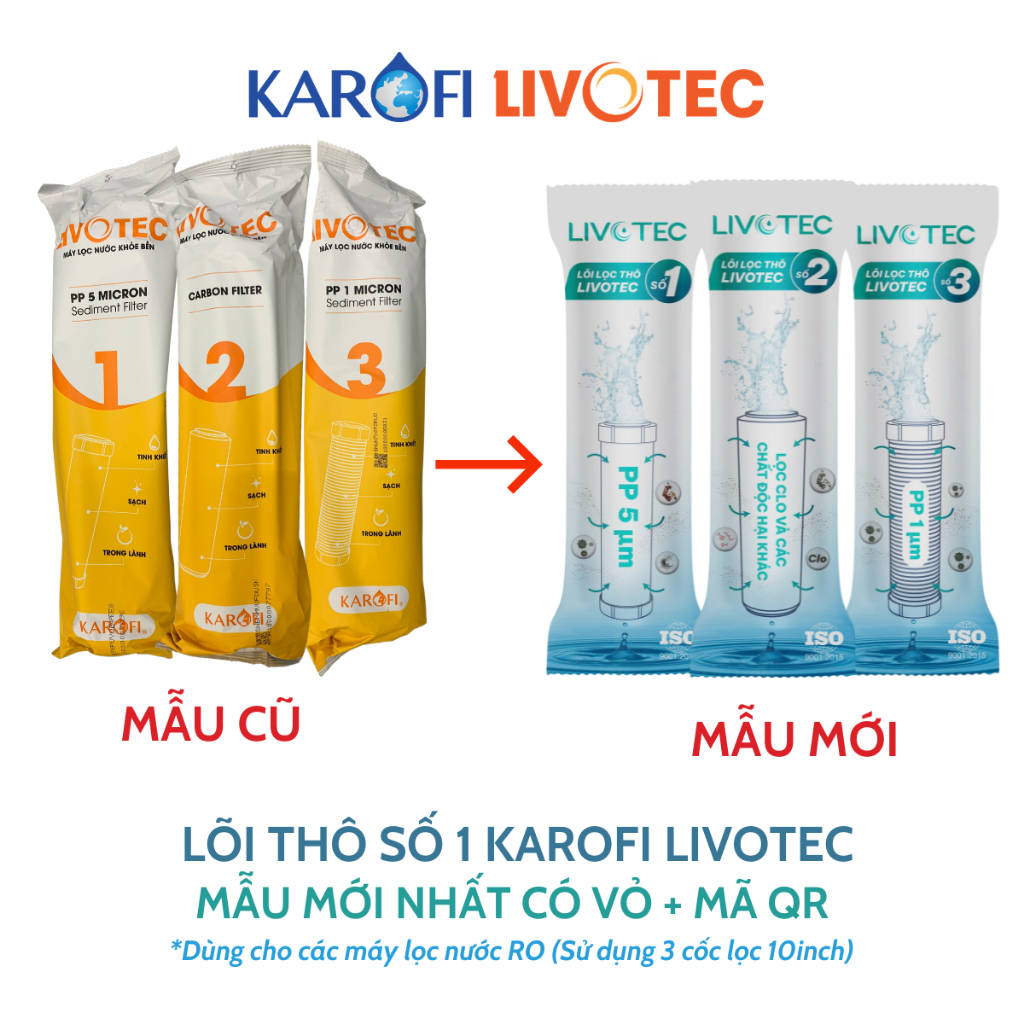 Combo 6 Lõi Lọc Karofi Gồm Lõi 123 Livotec, Màng RO 50GPD, Lõi Chức Năng Livotec T33-GAC và Nano Silver