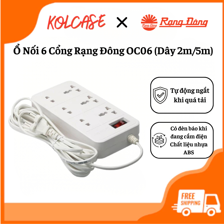Ổ Nối 6 Cổng Rạng Đông OC06 (Dây 2m/5m)- Rơle Thông Minh Tự Động Ngắt Khi Quá Tải, Thiết Kế Hiện Đại