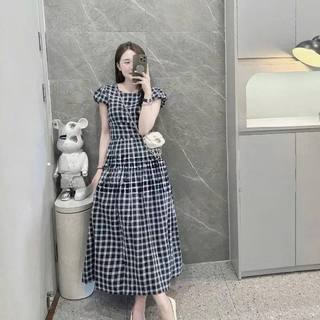 Váy kẻ caro nữ HCOM26294 tay ngắn phồng, Đầm kẻ ô vuông dáng xòe dài qua gối phong cách ulzzang yuumistyle