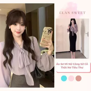 Áo Sơ Mi Nữ Công Sở Cổ Thắt Nơ Tiểu Thư, Áo Tay Bồng Chất Voan Tơ Cao Cấp Thanh Lịch Élan Sweet