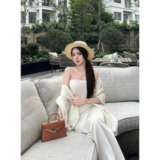 Đầm Lụa Quây Ngực Dáng Dài – Váy Maxi Body Kem Sang Chảnh Cao Cấp ( Kèm Choàng Lụa )