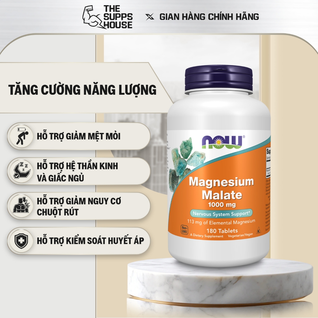 Viên uống Now Magnesium Malate (1000 mg - 180 viên ) bổ sung năng lượng, giảm mệt mỏi. | Shopee Việt Nam