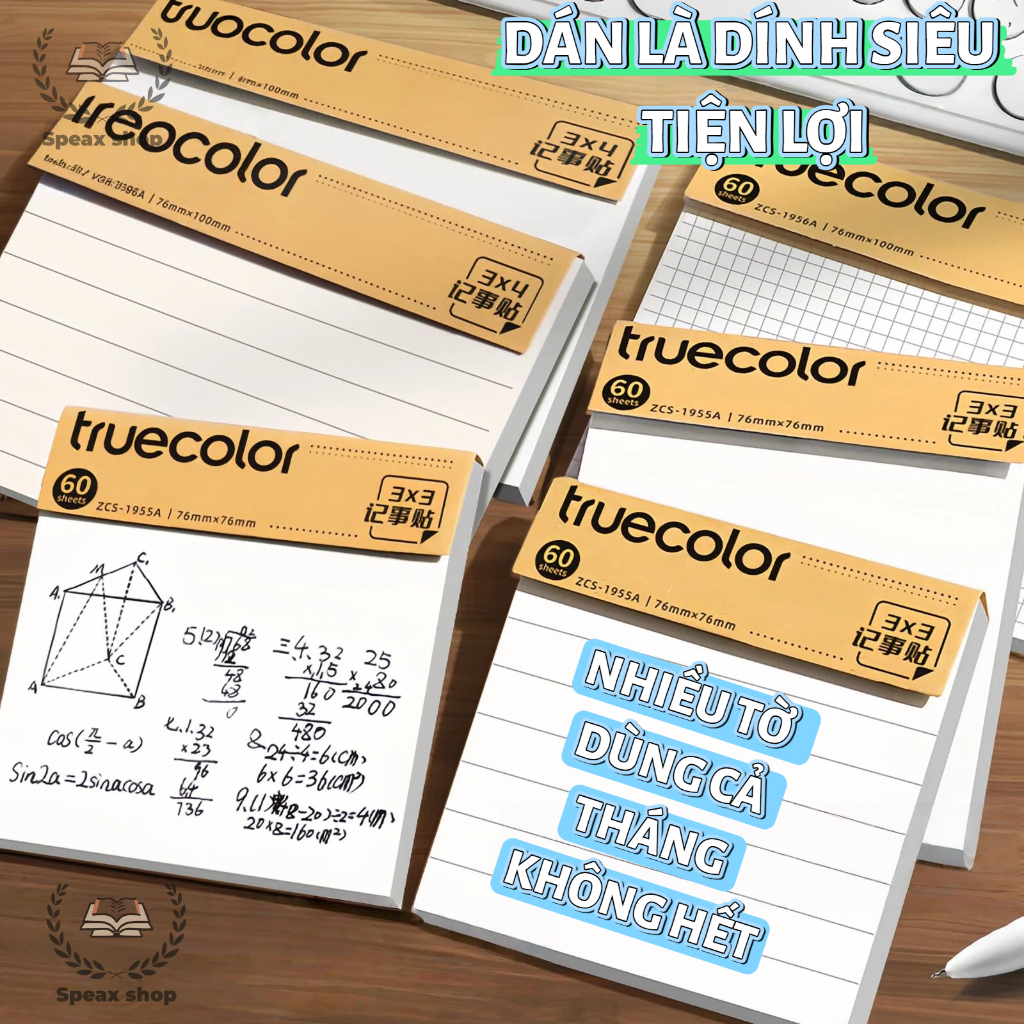Giấy Note Dán Truecolor Màu Gỗ Tự Nhiên 60/100 Tờ – Giấy Ghi Chú Xé Dán Tiện Lợi Kẻ Ngang / Caro / Trắng Cho Học Tập Văn