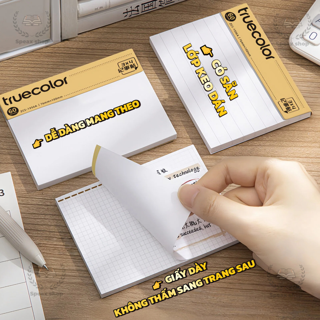 Giấy Note Dán Truecolor Màu Gỗ Tự Nhiên 60 Tờ Giấy Ghi Chú Xé Dán Tiện Lợi Kẻ Ngang / Caro / Trắng Cho Học Tập Văn
