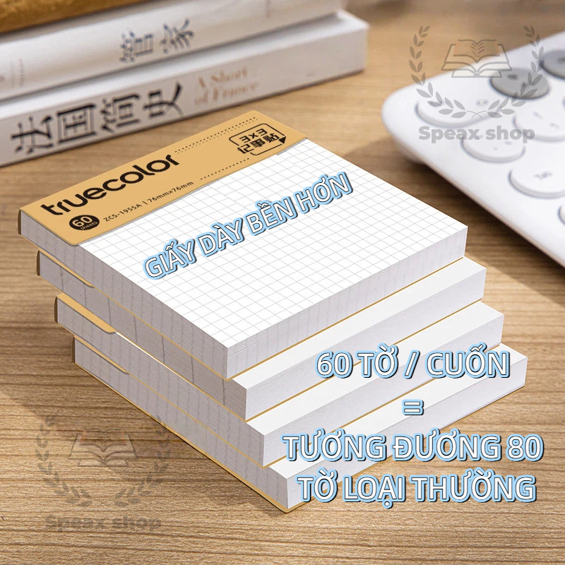 Giấy Note Dán Truecolor Màu Gỗ Tự Nhiên 60 Tờ Giấy Ghi Chú Xé Dán Tiện Lợi Kẻ Ngang / Caro / Trắng Cho Học Tập Văn