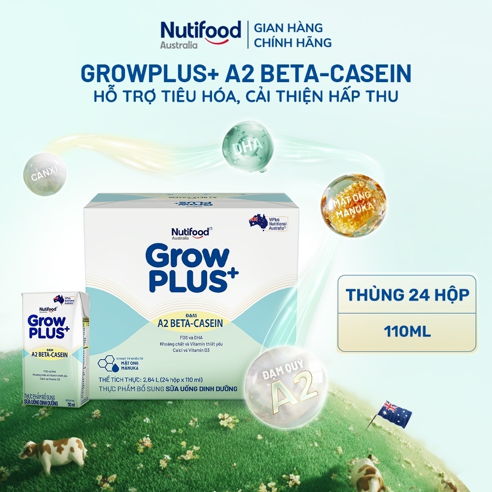 Combo 2 x Thùng 24 hộp Sữa bột pha sẵn GrowPLUS+ Đạm A2 Beta-Casein Hộp 110ml