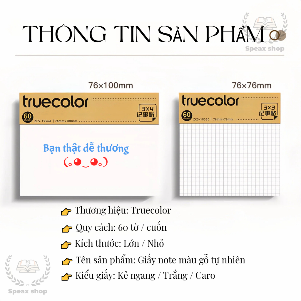 Giấy Note Dán Truecolor Màu Gỗ Tự Nhiên 60 Tờ Giấy Ghi Chú Xé Dán Tiện Lợi Kẻ Ngang / Caro / Trắng Cho Học Tập Văn