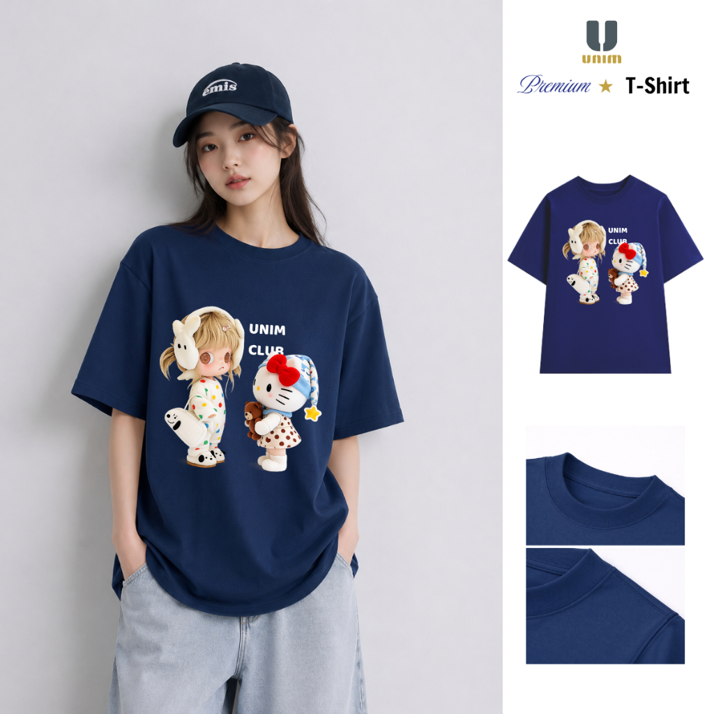 Áo Thun Cô Bé và Kitty Đáng Yêu Unim Fashion Chất Liệu Cotton Cao Cấp Co Giãn 2 Chiều Hình In Bền Đẹp