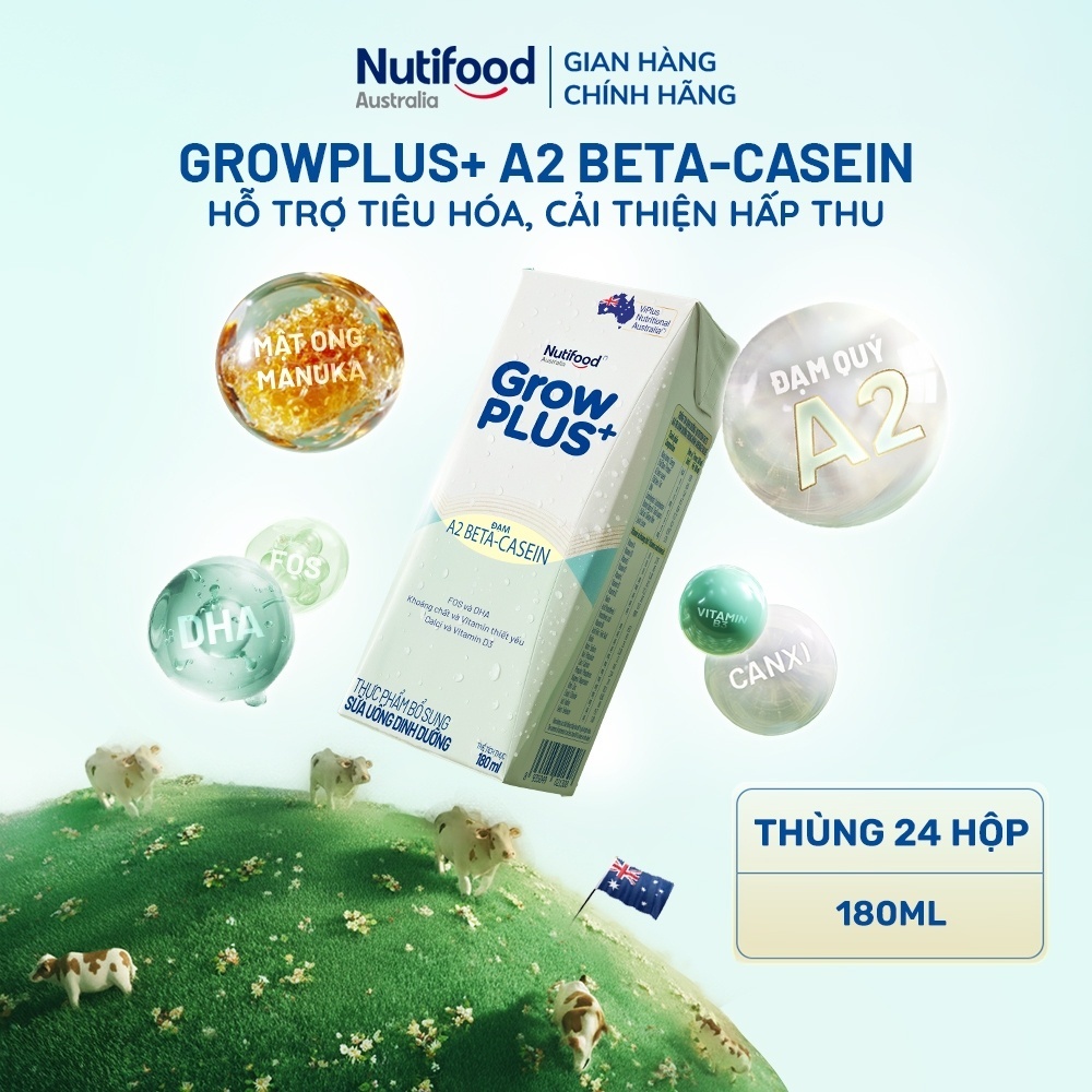 Combo 4 x Thùng 24 hộp Sữa bột pha sẵn GrowPLUS+ Đạm A2 Beta-Casein Hộp 180ml