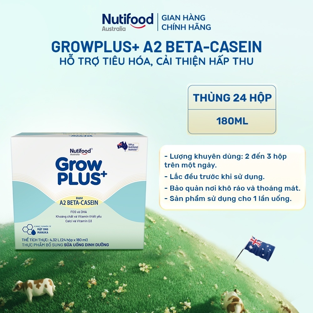 Combo 4 x Thùng 24 hộp Sữa bột pha sẵn GrowPLUS+ Đạm A2 Beta-Casein Hộp 180ml