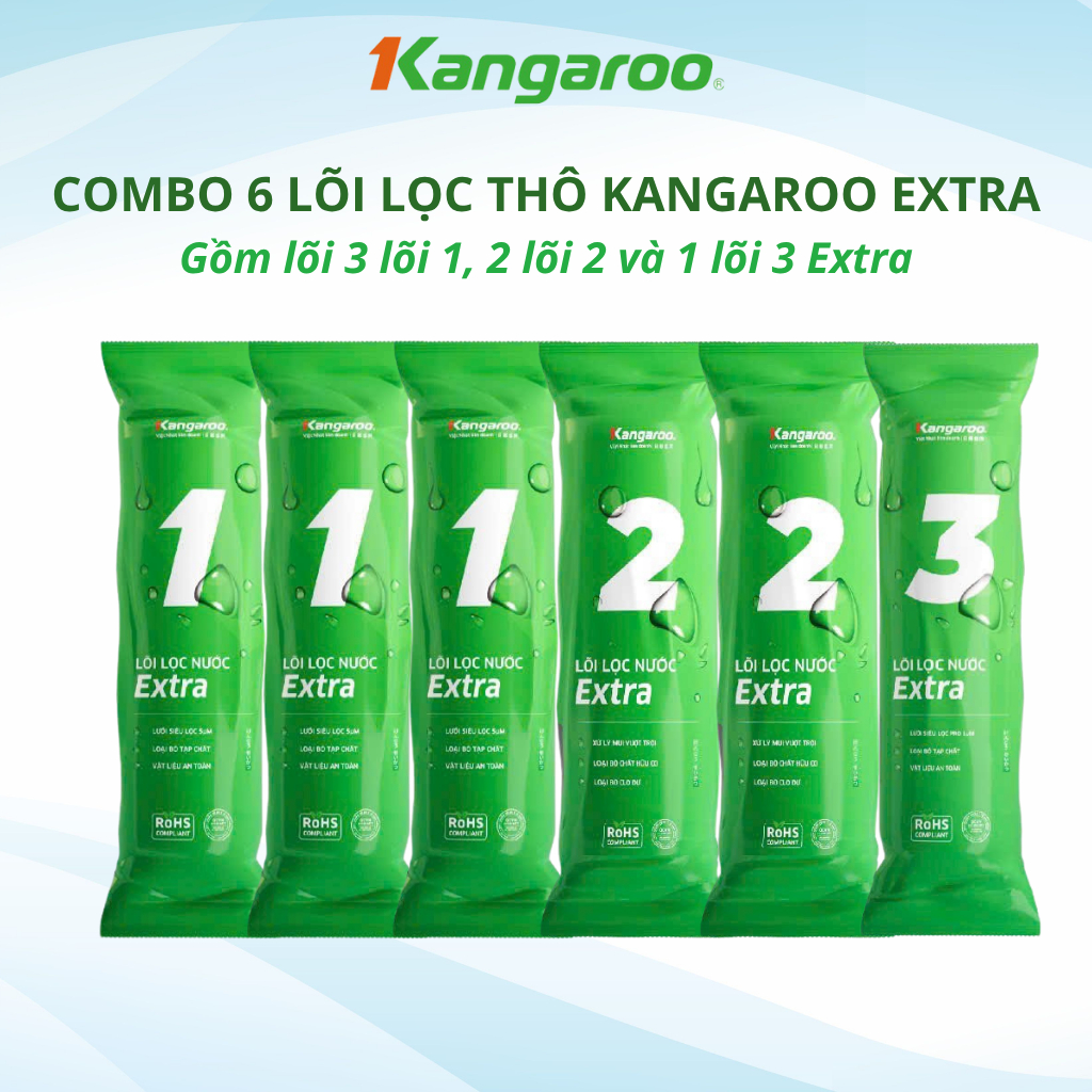 Bộ 6 lõi lọc thô Kangaroo EXTRA chính hãng dùng cho máy lọc nước RO  gồm 3 lõi 1, 2 lõi 2 và 1 lõi 3