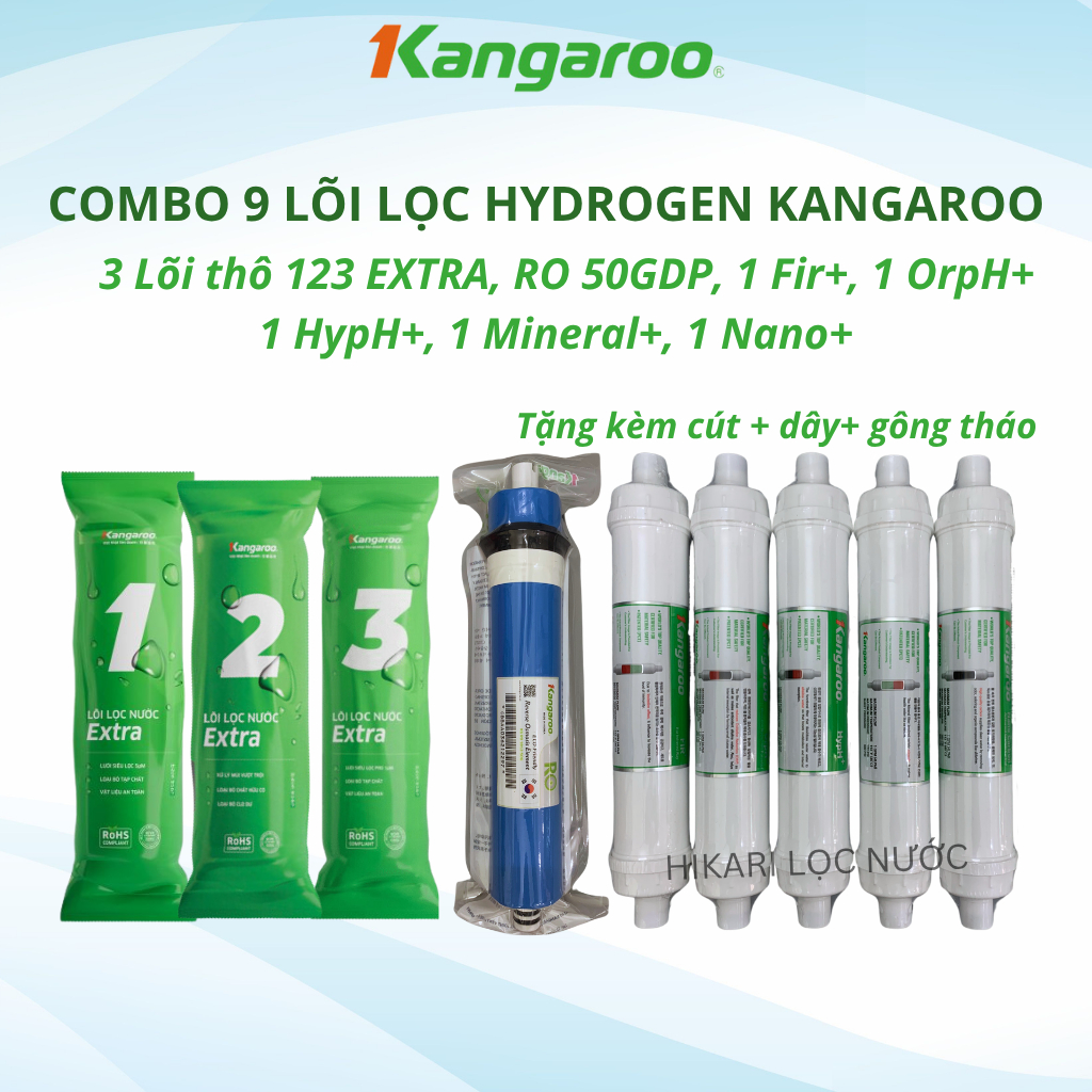 Combo 9 Lõi Lọc Nước KANGAROO Dòng Hydrogen Model KG100HQ, KG100HA, KG100HB Gồm 123 Màng RO Fir OrpH HypH....