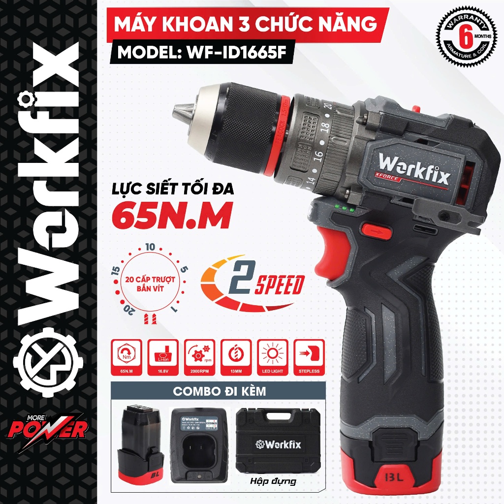 Máy Khoan Pin 3 Chức Năng Workfix WF-ID1665F 16.8V – Lực Siết 65Nm, 2 Tốc Độ, Khoan Búa/Bắt Vít, Động Cơ Mạnh Mẽ