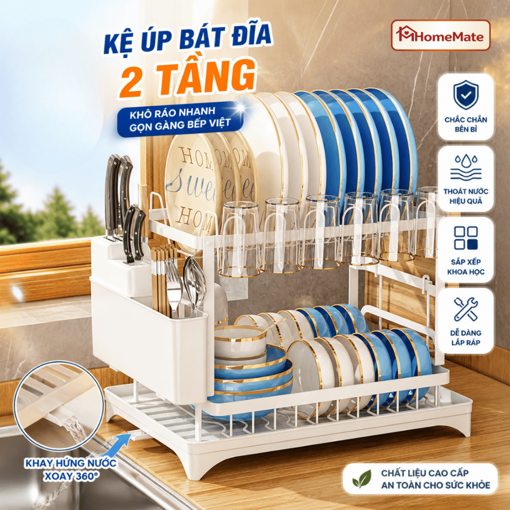 Kệ để chén bát 2 tầng THIẾT KẾ MỚI chất liệu thép carbon có khay úp cốc tiện lợi kèm đế thoát nước