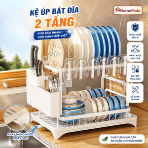 Kệ để chén bát 2 tầng THIẾT KẾ MỚI chất liệu thép carbon có khay úp cốc tiện lợi kèm đế thoát nước