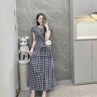 Váy kẻ caro nữ HCOM26294 tay ngắn phồng, Đầm kẻ ô vuông dáng xòe dài qua gối phong cách ulzzang yuumistyle