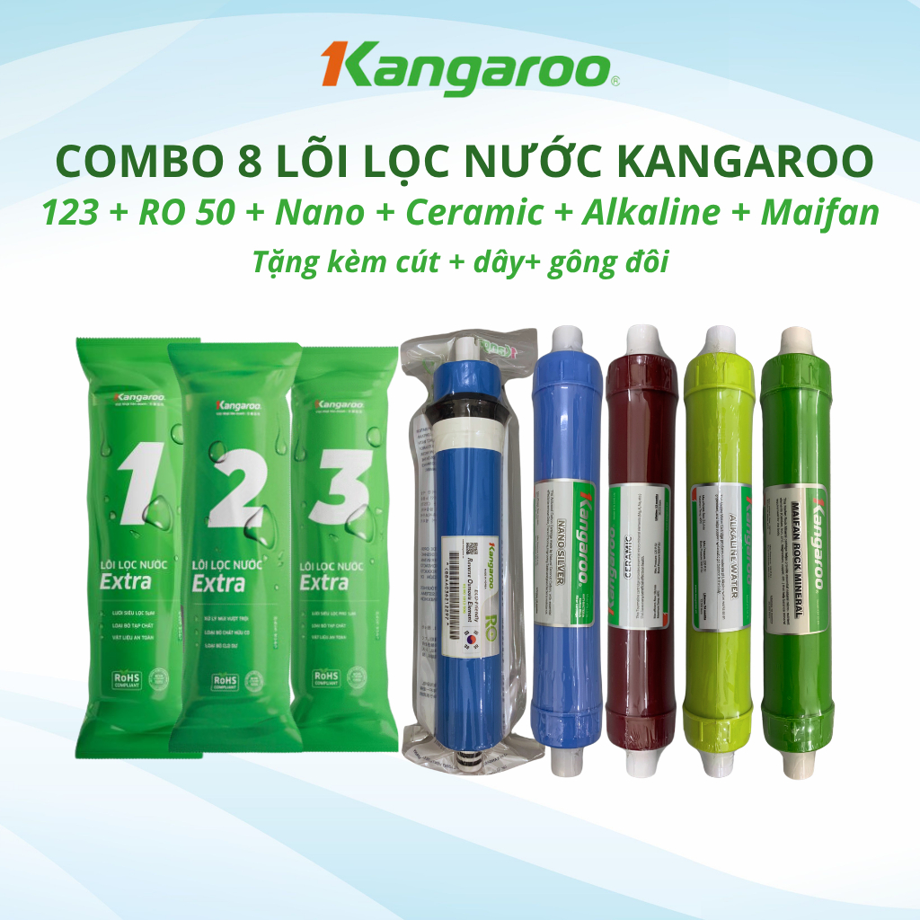 Combo 8 Lõi Lọc Nước Kangaroo gồm 123 RO50GPD Nano Ceramic Alkaline Maifan Model KG108AKV, KG108AVTU, KG06G4...
