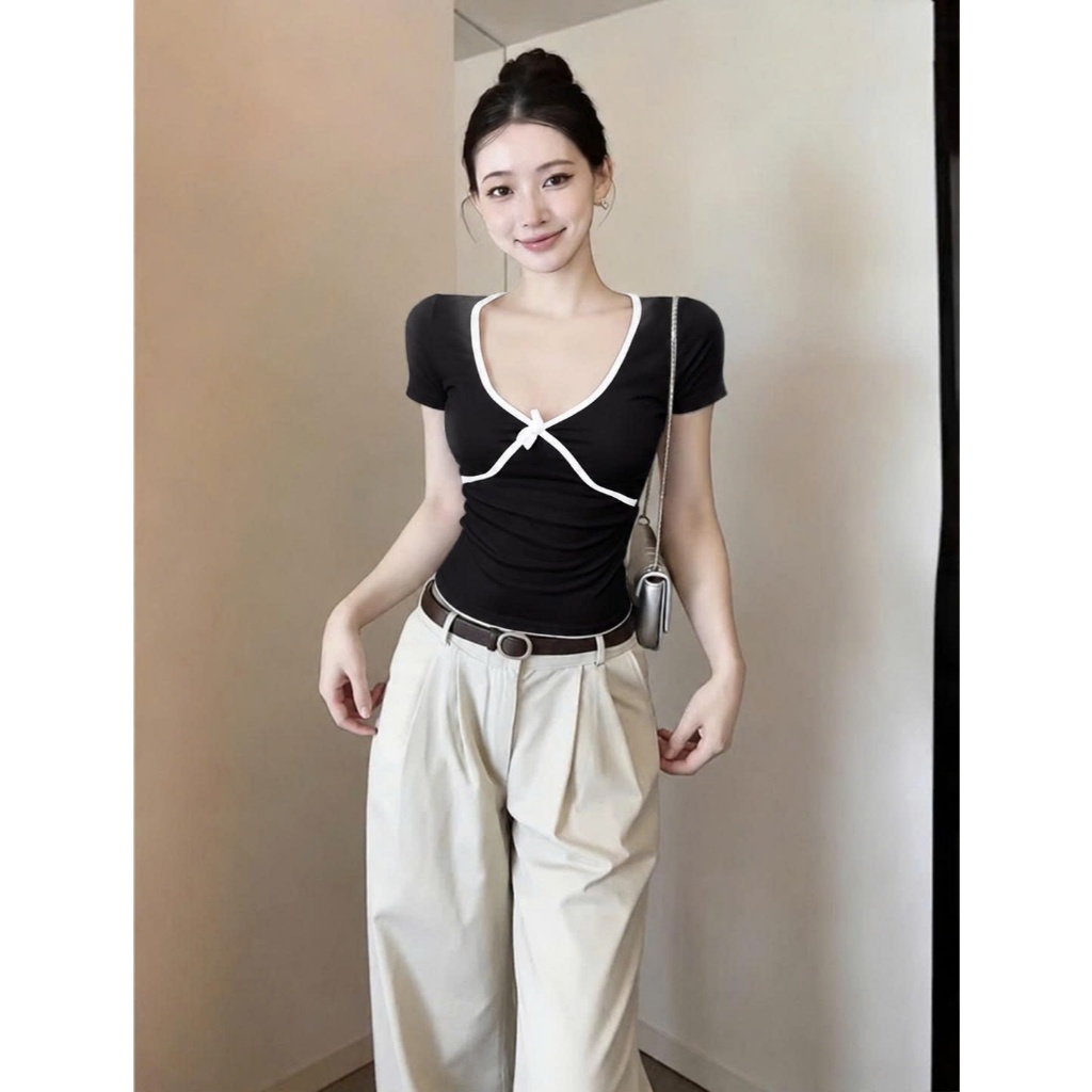 [CÓ SIZE] Áo Thun  Cổ Tim Ngắn Tay Ôm Dáng Phối Viền RANSHI Chất Thun Cotton Mềm Mát - RA367