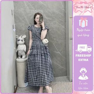 Váy kẻ caro nữ HCOM26294 tay ngắn phồng, Đầm kẻ ô vuông dáng xòe dài qua gối phong cách ulzzang yuumistyle