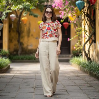 Bộ nữ LION, Set bộ nữ thiết kế áo in hoạ tiết sang trọng, quần lưng thun phía sau, chất vải đũi xước Nhật cao cấp