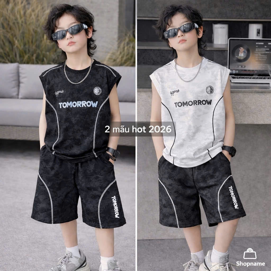 Bộ quần áo tay hến in loang, chạy phối lé cá tính cho bé trai từ 17-60kg in TOMORROW chất cotton