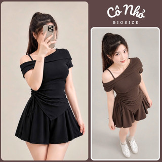 Set Đồ Nữ Bigsize Áo Trễ Vai Vạt Chéo Eo Che Bụng Kèm Quần Đùi Xòe Lưng Chun Vải Thun Gân SET823