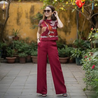 Bộ nữ LION, Set bộ nữ thiết kế áo in hoạ tiết sang trọng, quần lưng thun phía sau, chất vải đũi xước Nhật cao cấp