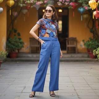 Bộ nữ LION, Set bộ nữ thiết kế áo in hoạ tiết sang trọng, quần lưng thun phía sau, chất vải đũi xước Nhật cao cấp