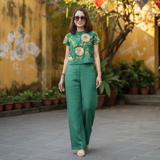 Bộ nữ LION, Set bộ nữ thiết kế áo in hoạ tiết sang trọng, quần lưng thun phía sau, chất vải đũi xước Nhật cao cấp