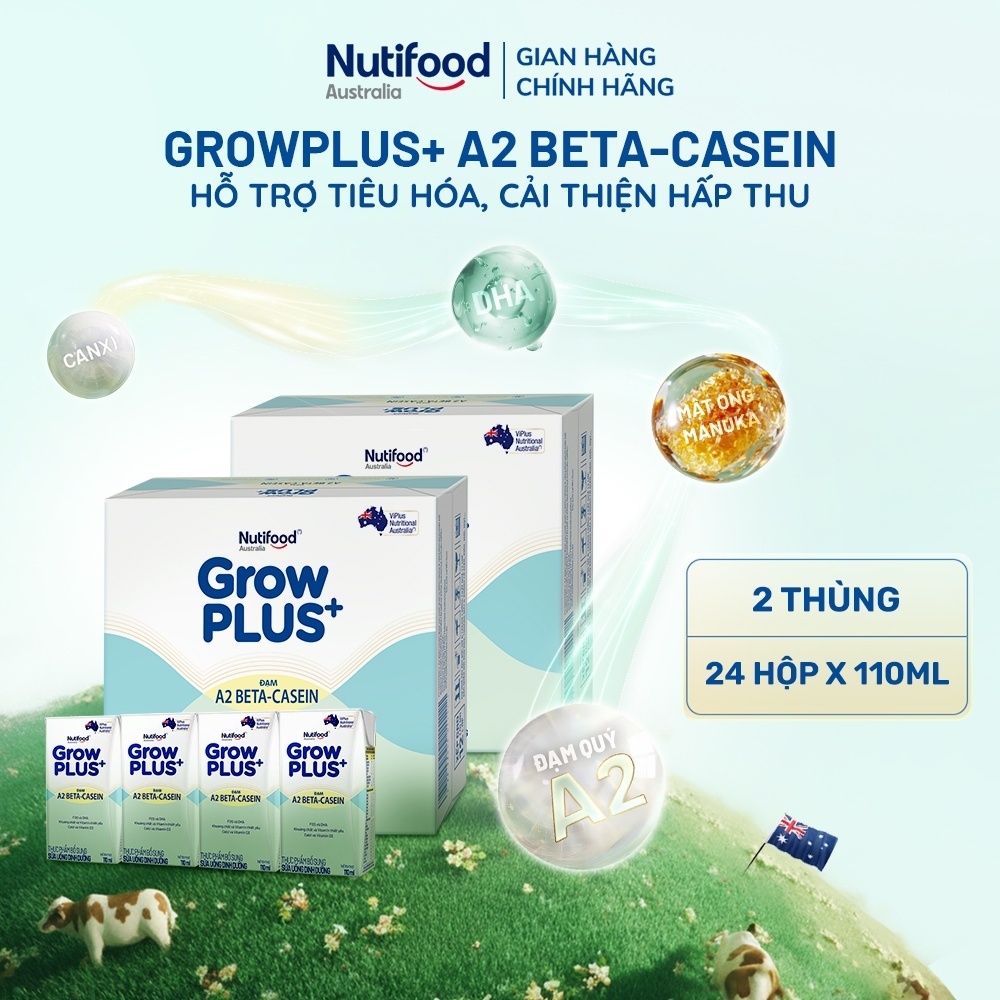 Combo 2 x Thùng 24 hộp Sữa bột pha sẵn GrowPLUS+ Đạm A2 Beta-Casein Hộp 110ml