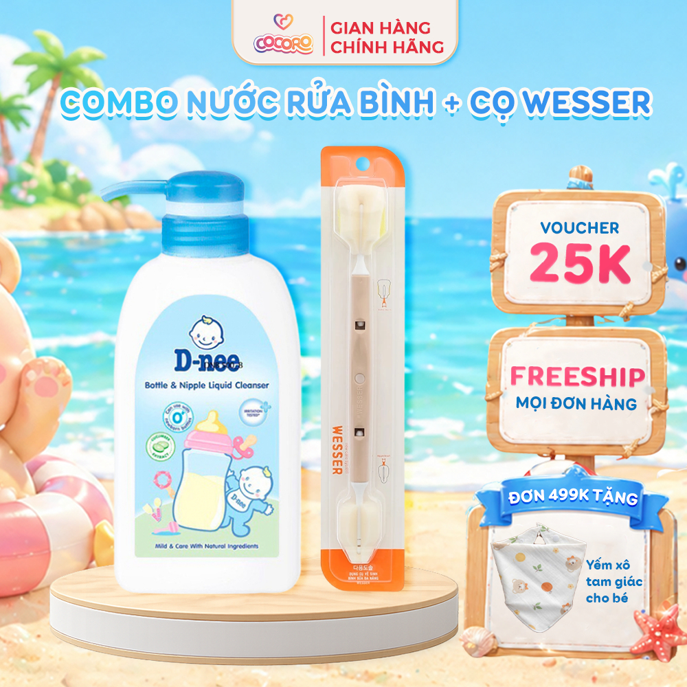 [COMBO] Cọ Wesser Và Nước Rửa Bình Dnee 500ML Thái Lan - Combo Vệ Sinh Bình Sữa - Cocoro Baby