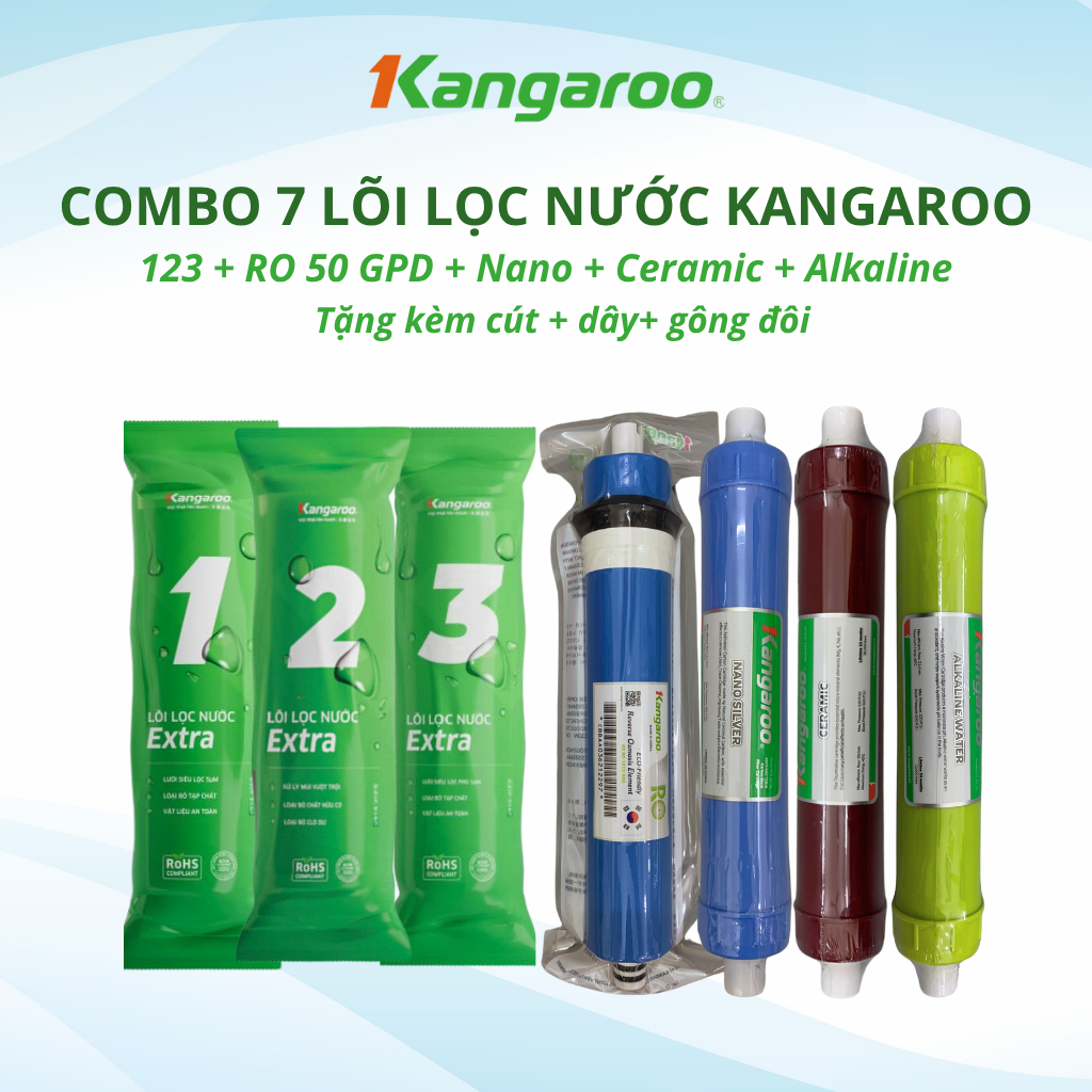 Combo 7 Lõi Lọc Nước Kangaroo Gồm Bộ Thô 123 Và Màng RO Nano Ceramic Alkaline Dùng Cho Máy Lọc Nước KG104A...