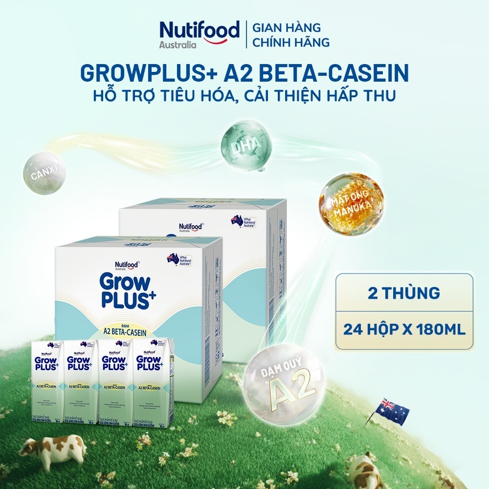 Combo 2 x Thùng 24 hộp Sữa bột pha sẵn  GrowPLUS+ Đạm A2 Beta-Casein Hộp 180ml