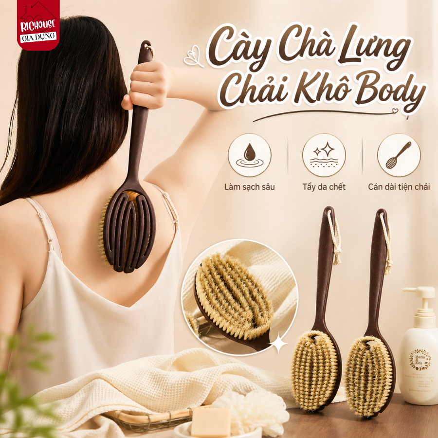 Bàn Chải Tắm Cán Dài Chà Lưng Lông Mềm, Bàn Chải Khô Cọ Tắm Massage Tẩy Tế Bào Chết Toàn Thân