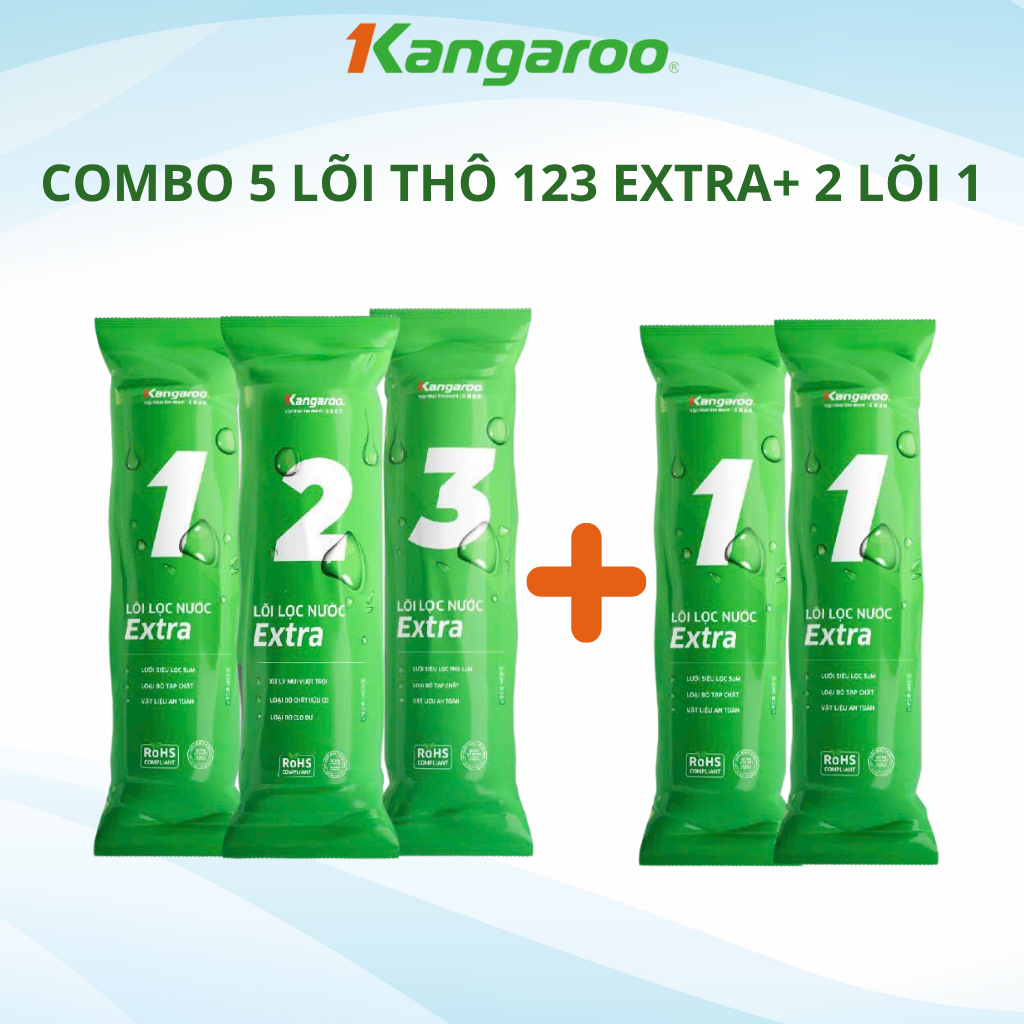 Bộ 5 lõi lọc nước Kangaroo dùng cho máy lọc có 3 cốc lọc 10inch Gồm Bộ lọc thô số 123 và 2 lõi 1