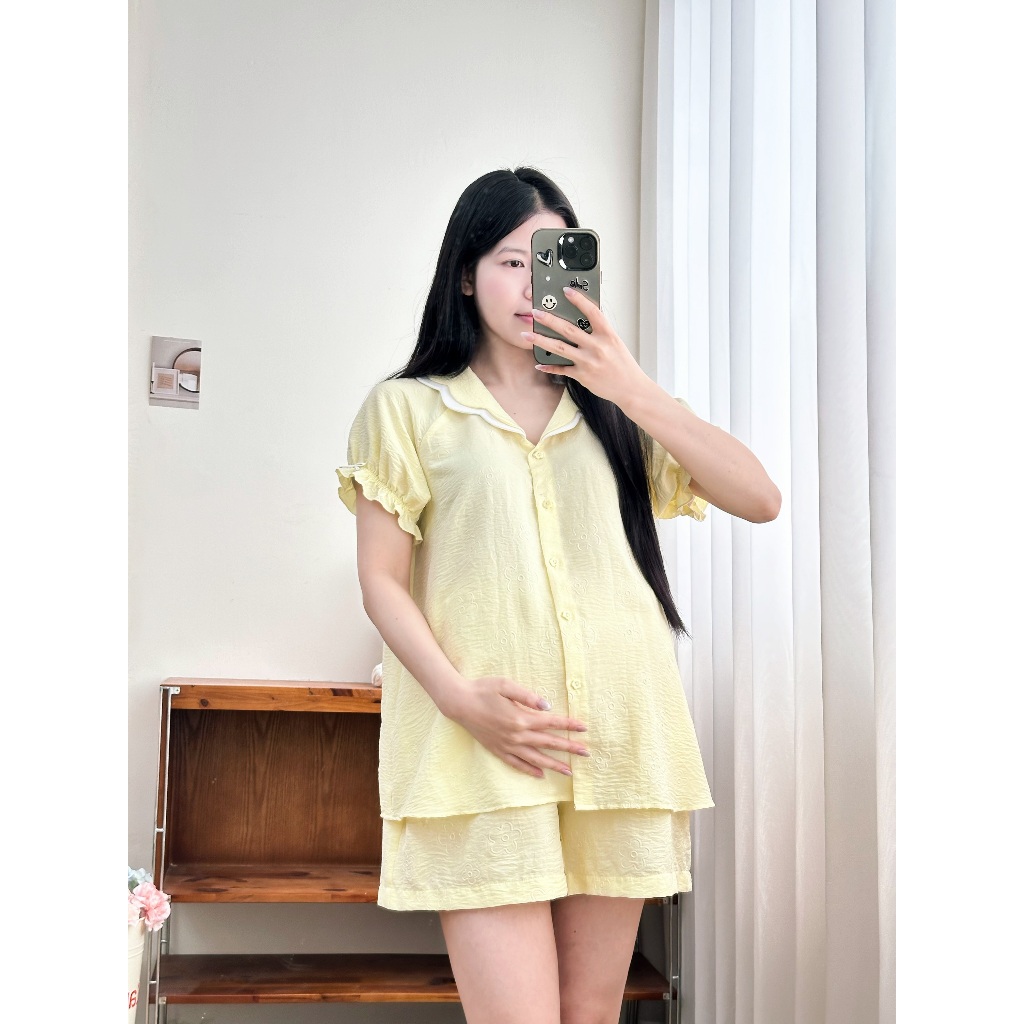 Bộ Đồ Ngủ Nữ Floral Đũi Hàn Hoa Nổi Dáng Rộng Thoải Mái, Thấm Hút Mồ Hôi, Tay Bo Chun Che Bắp Tay - L'amme