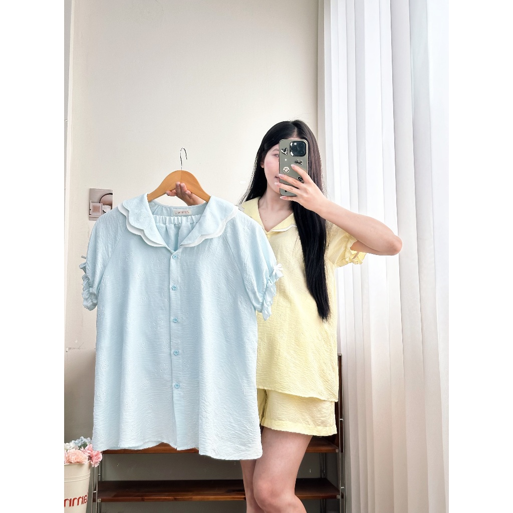 Bộ Đồ Ngủ Nữ Floral Đũi Hàn Hoa Nổi Dáng Rộng Thoải Mái, Thấm Hút Mồ Hôi, Tay Bo Chun Che Bắp Tay - L'amme