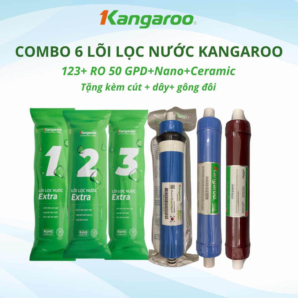 Combo 6 Lõi Lọc Kangaroo Gồm Bộ Thô 123 và RO50GPD Nano Ceramic Model KG08 KG103 Dùng Cho Máy Lọc Nước RO