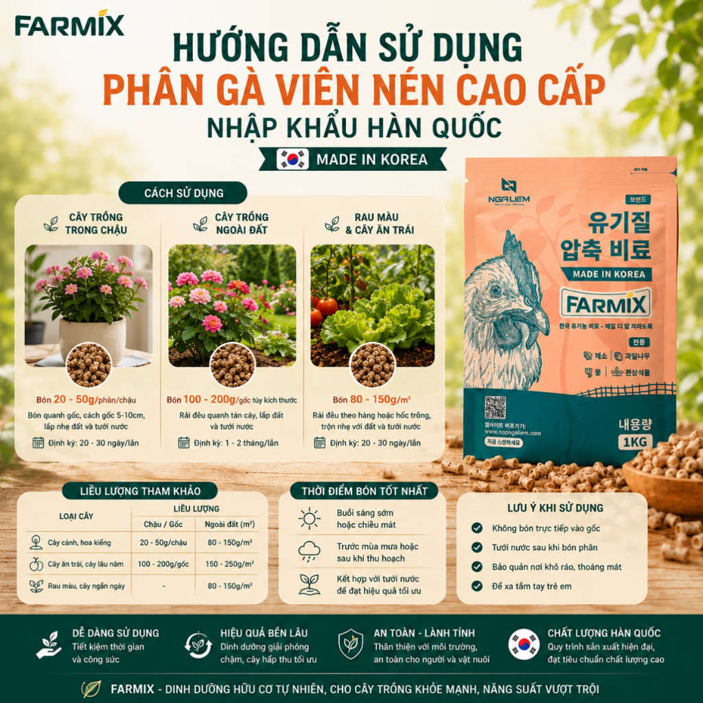 Phân Gà Viên Nén Hữu Cơ FARMIX 1KG Nhập Khẩu Hàn Quốc - Tan Chậm, Dễ Dùng Cho Rau Và Hoa