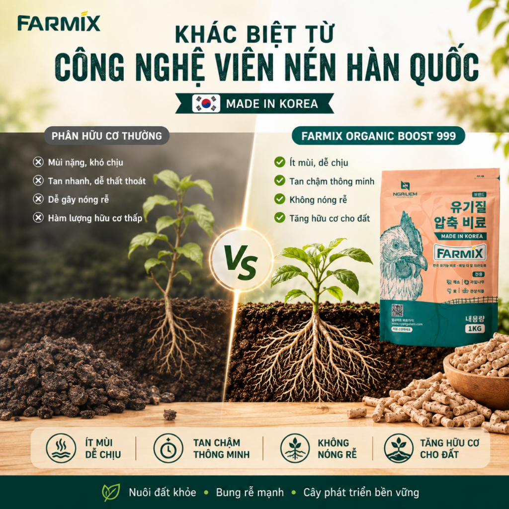 Phân Gà Viên Nén Hữu Cơ FARMIX 1KG Nhập Khẩu Hàn Quốc - Tan Chậm, Dễ Dùng Cho Rau Và Hoa