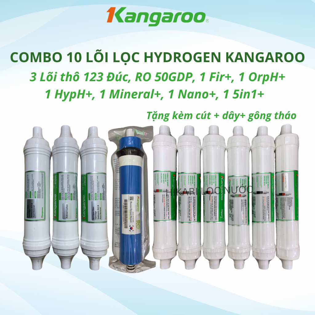 Combo 10 Lõi Lọc Nước Kangaroo Dòng Hydrogen Dùng cho Model KG10A4VTU,KG100HK Gồm 123 HK Màng RO Fir OrpH HypH MINERAL..