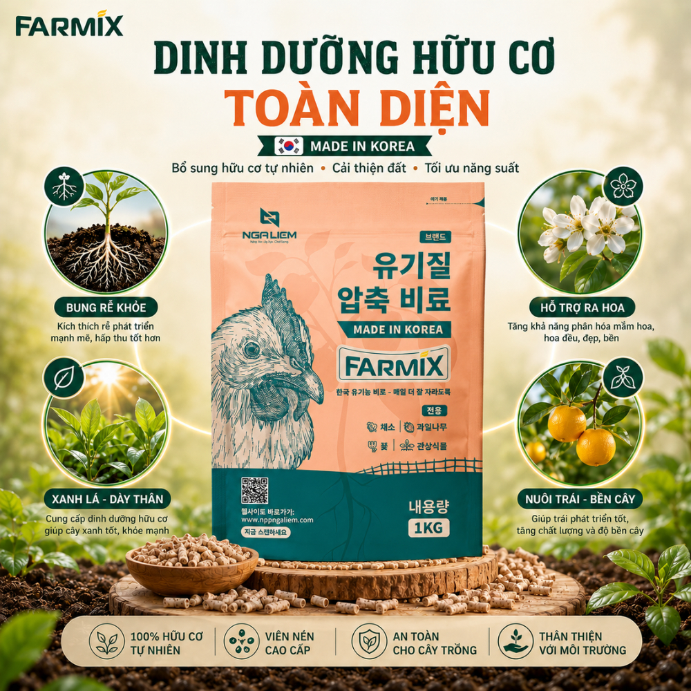 Phân Gà Viên Nén Hữu Cơ FARMIX 1KG Nhập Khẩu Hàn Quốc - Tan Chậm, Dễ Dùng Cho Rau Và Hoa