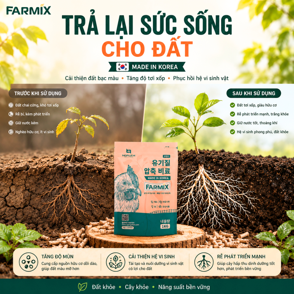 Phân Gà Viên Nén Hữu Cơ FARMIX 1KG Nhập Khẩu Hàn Quốc - Tan Chậm, Dễ Dùng Cho Rau Và Hoa