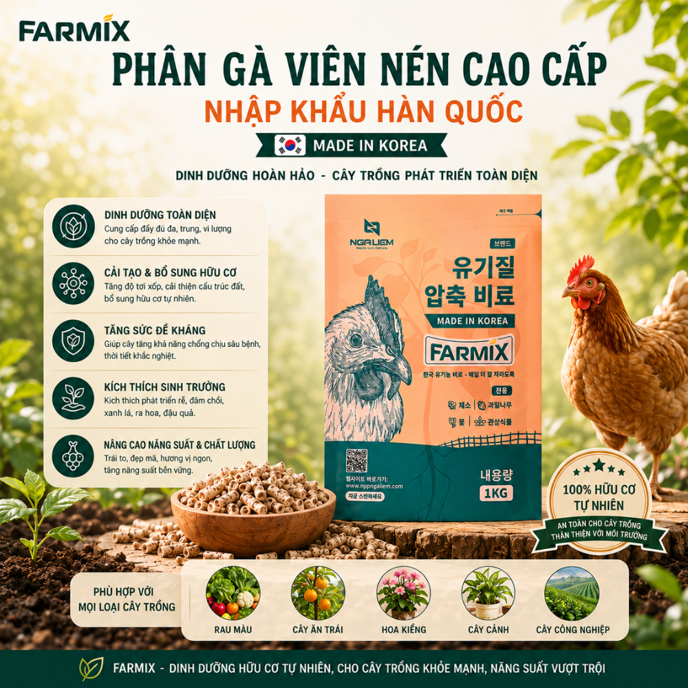 Phân Gà Viên Nén Hữu Cơ FARMIX 1KG Nhập Khẩu Hàn Quốc - Tan Chậm, Dễ Dùng Cho Rau Và Hoa
